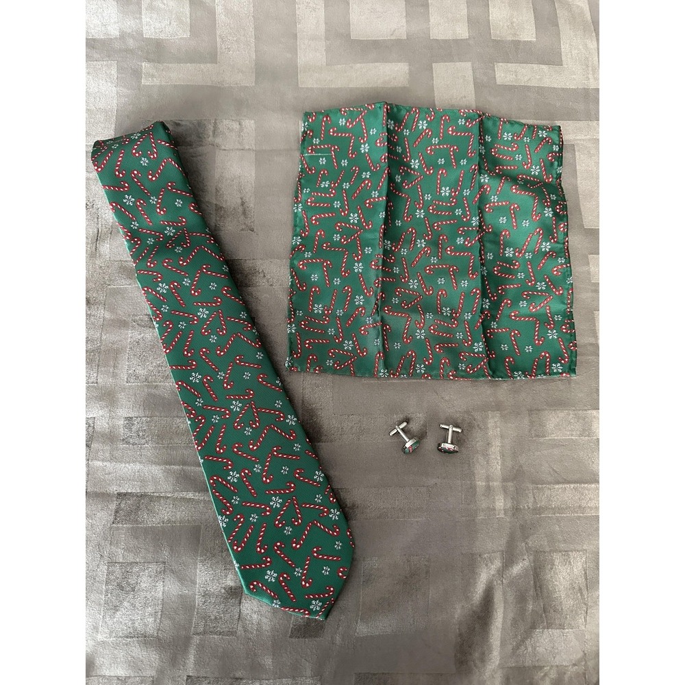 Barry.Wang Tie Set Mens Green Candy‎ Cane Christmas Pocket Square Cufflinks